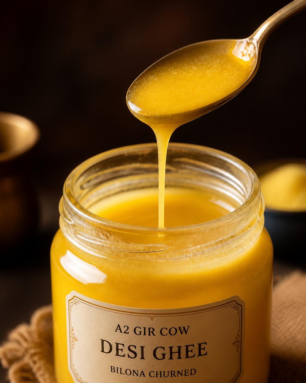 Amritsaar Gold 100% Pure Ghee dripping from a spoon by Kisna Dairy Farm KDF